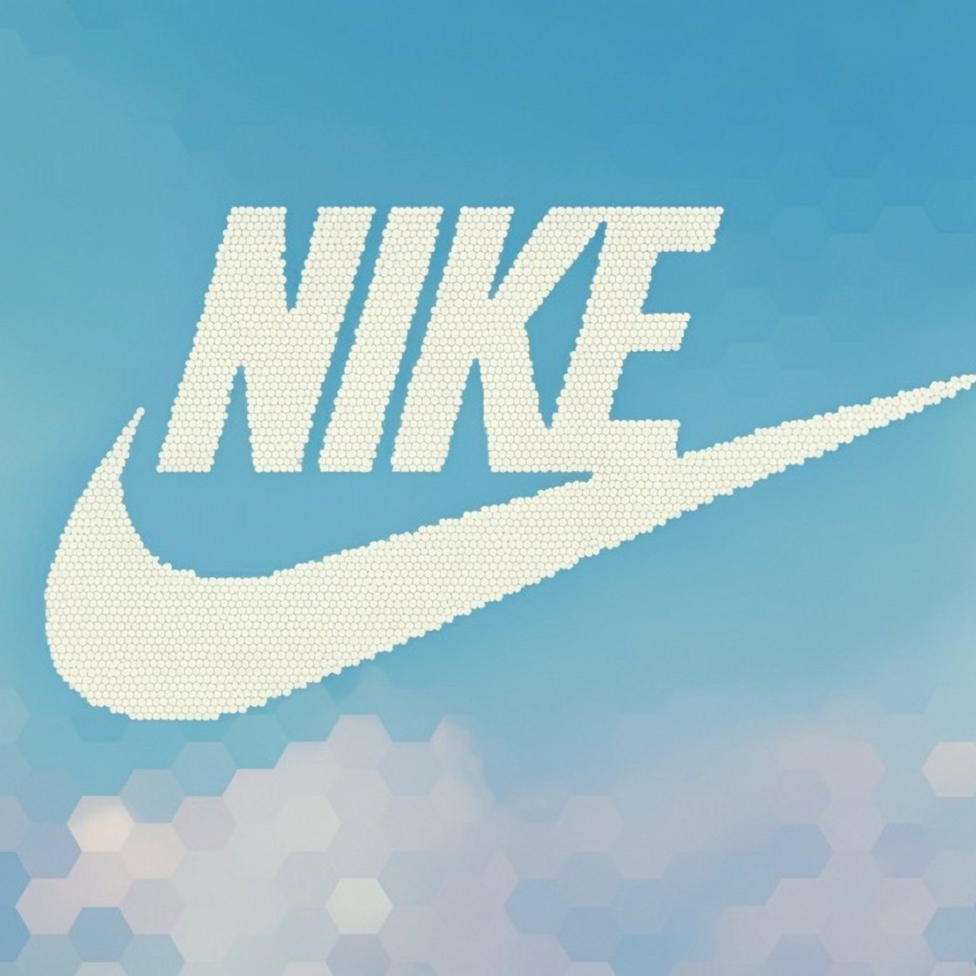 Nike logo with clouds and blue sky behind it