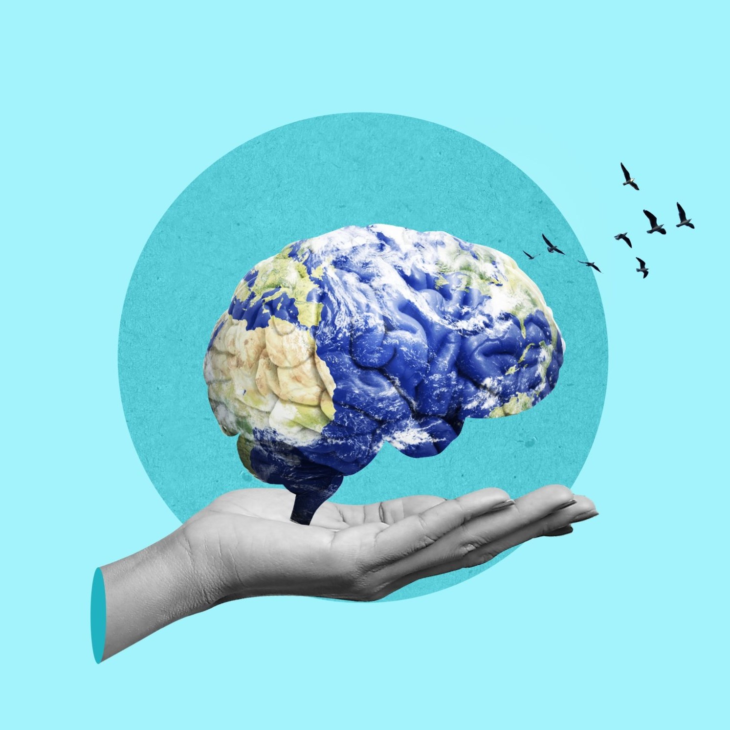 Graphic of hand hold the world map in the shape of a brain