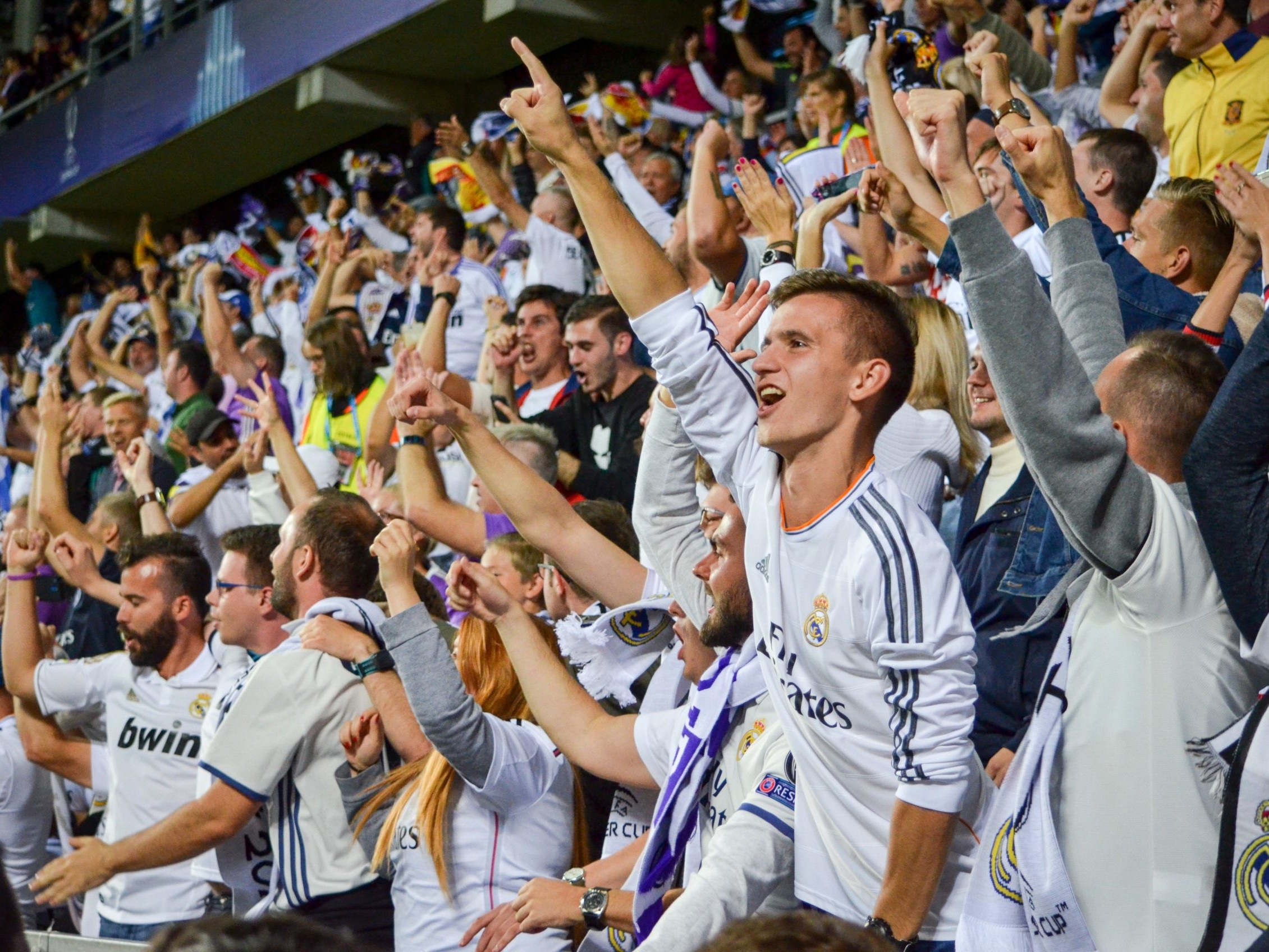 Image of football fans cheering during football match