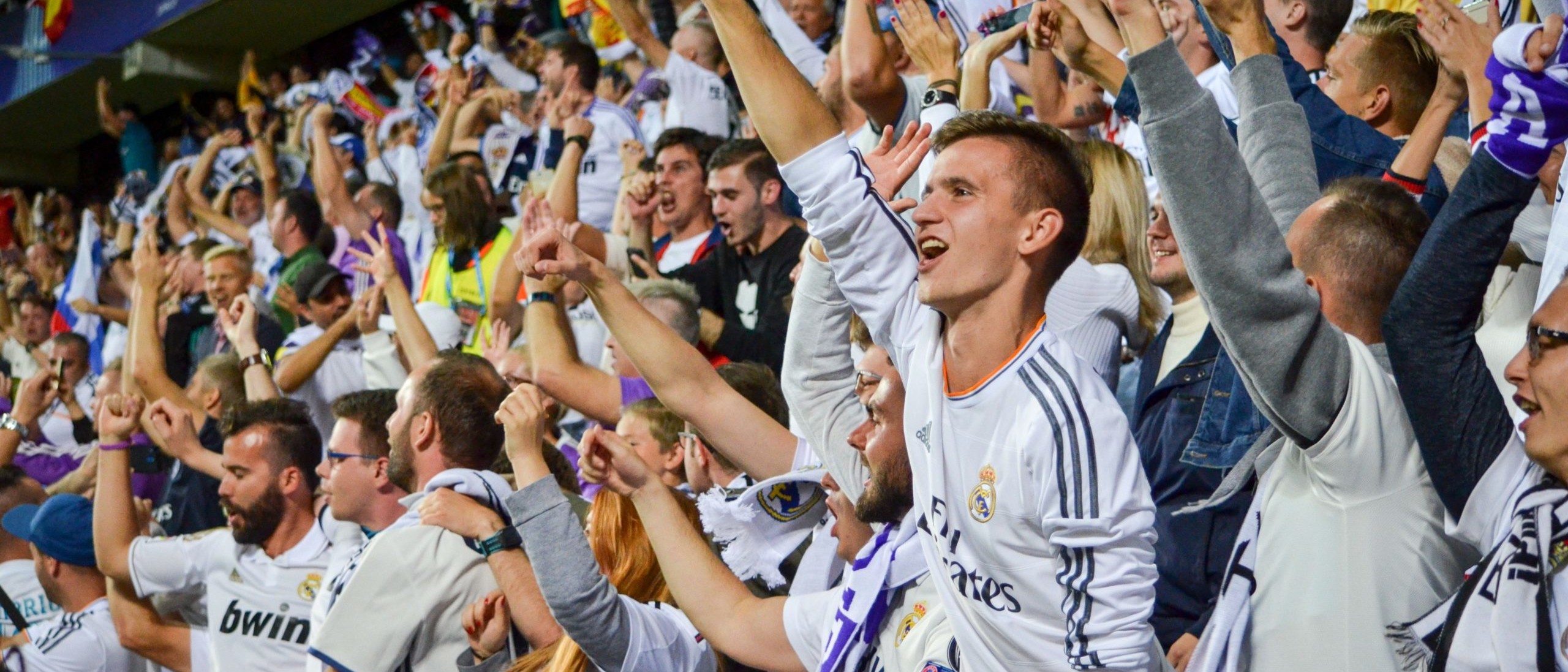 Image of football fans cheering during football match