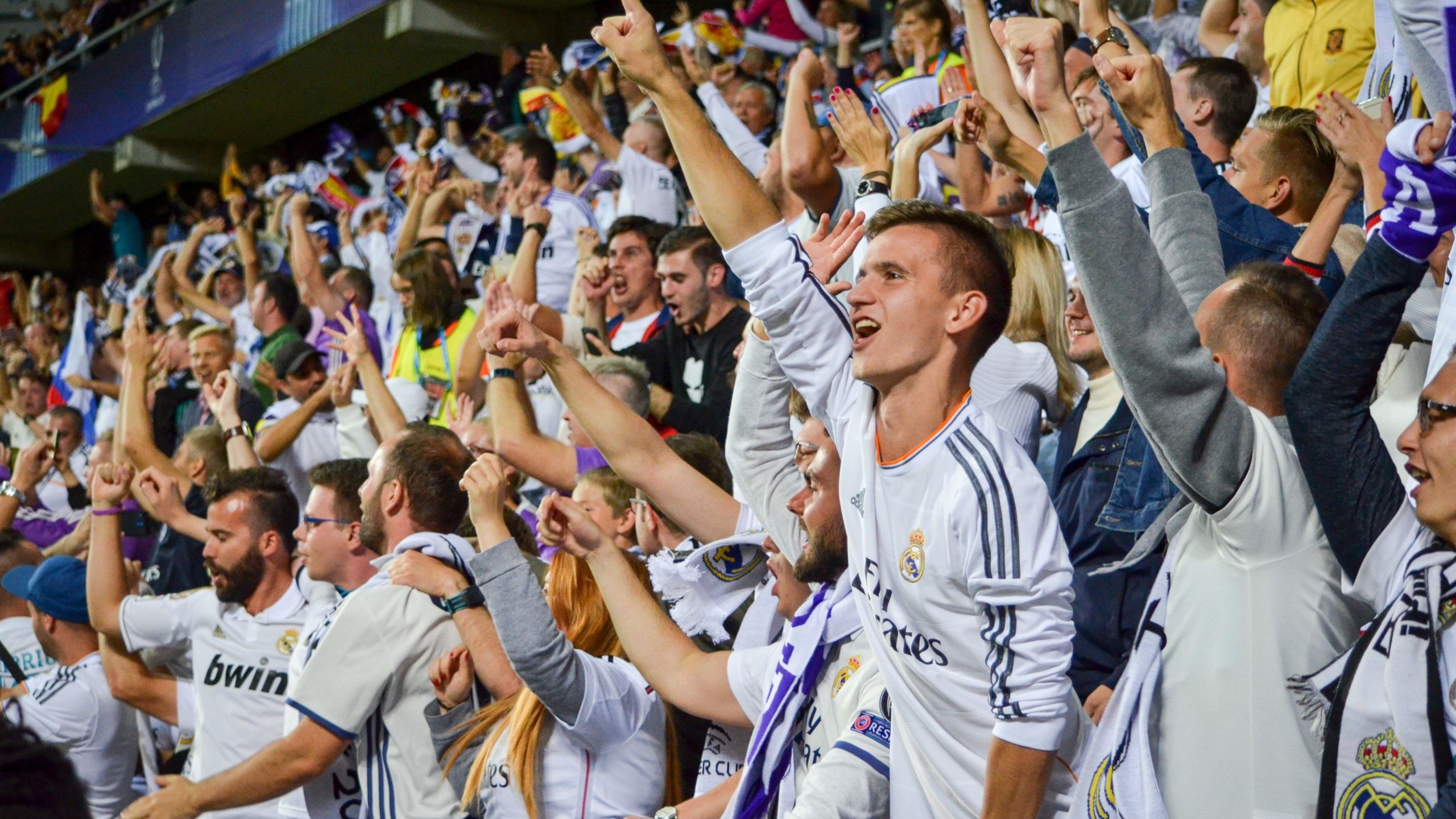 Image of football fans cheering during football match