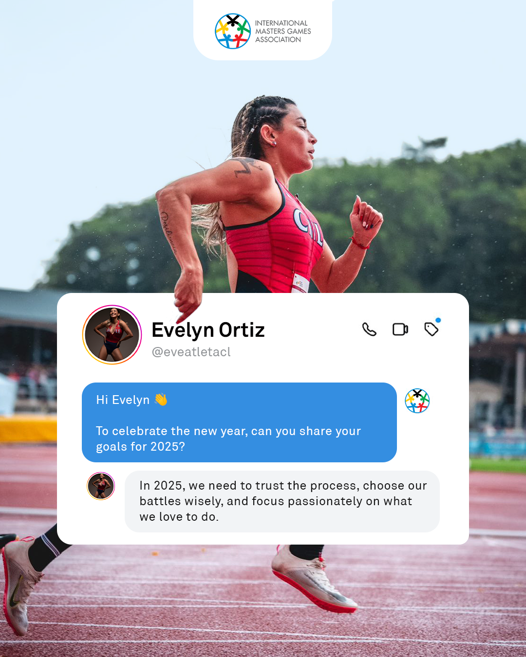 Instagram post of IMGA athlete Evelyn Ortiz running with a instagram message over the top detailing her goals for 2025
