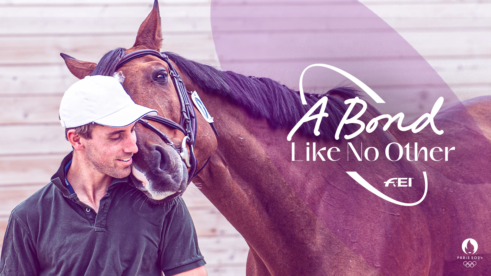A Bond Like No Other image with a horse resting his head on a mans shoulder. Paris 2024 logo in bottom right corner.