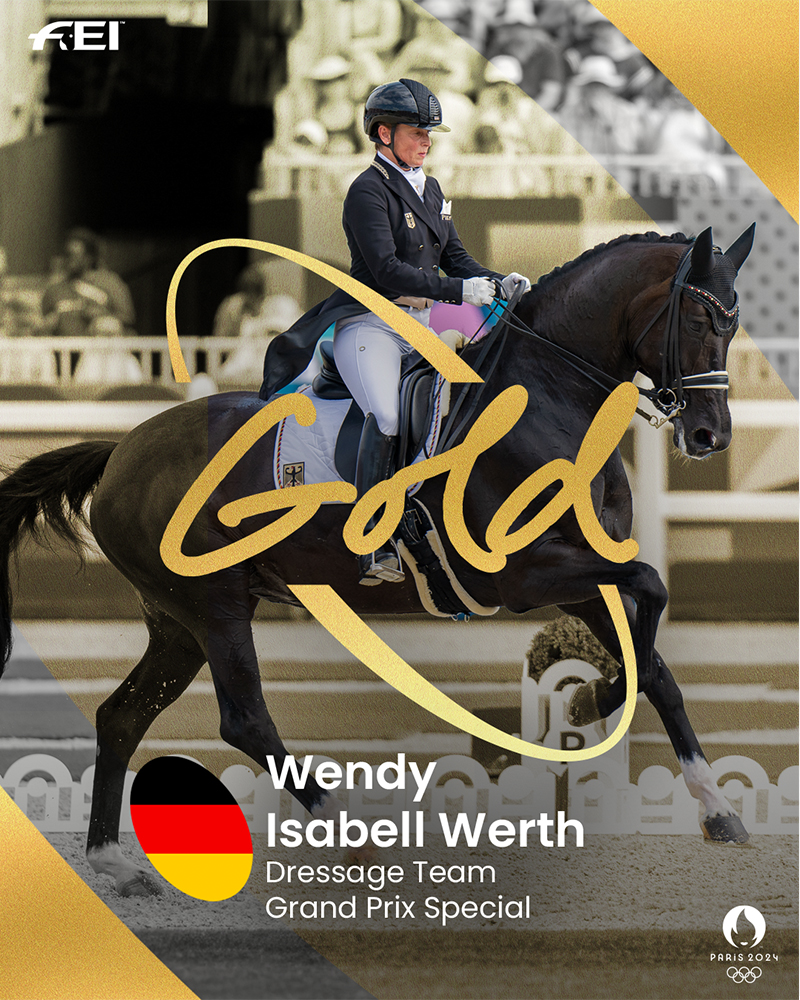 Gold medal Paris 2024 announcement. German rider Wendy Werth riding her horse.