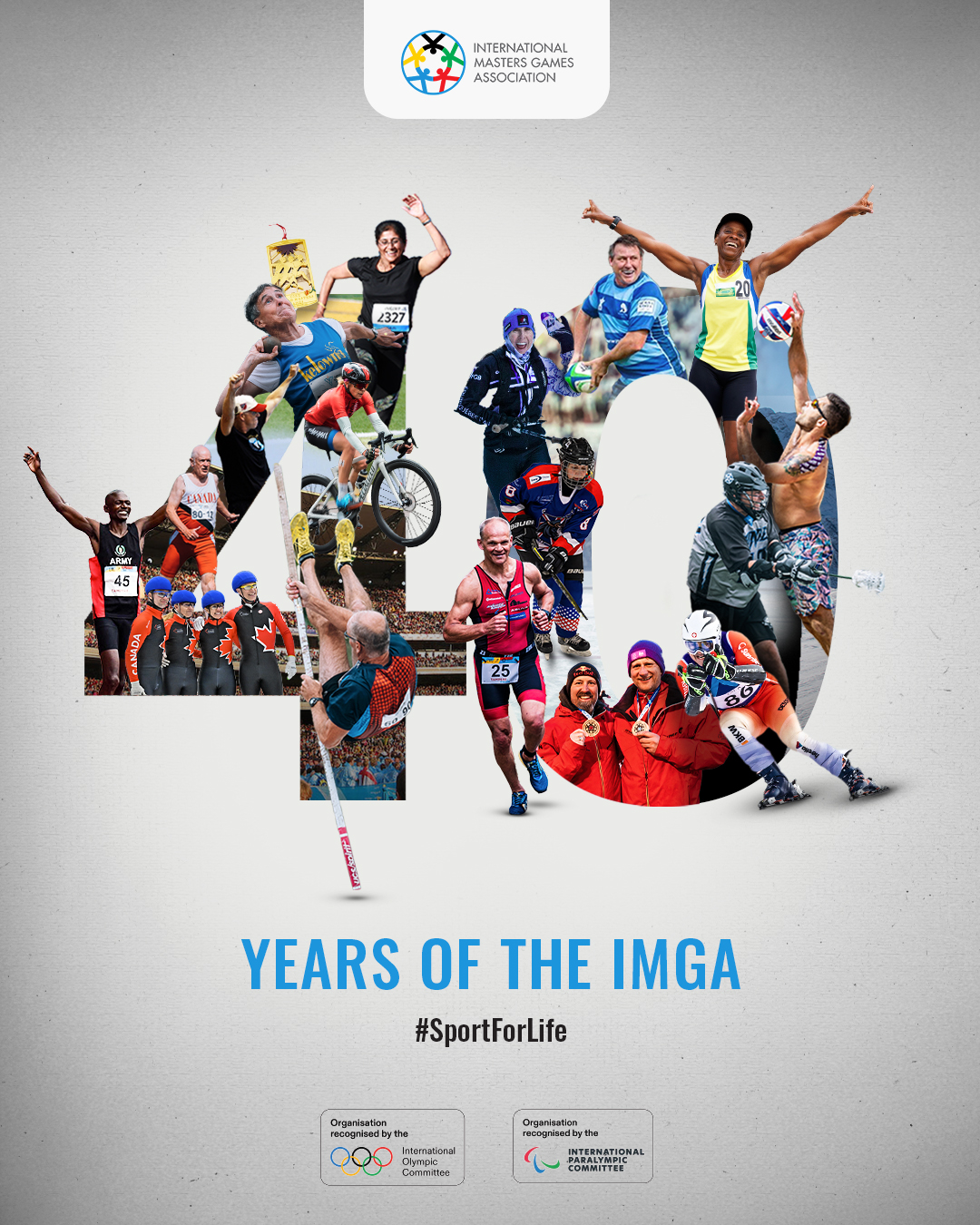 Celebrating 40 years of the IMGA graphic with images of athletes in the shape of the number 40