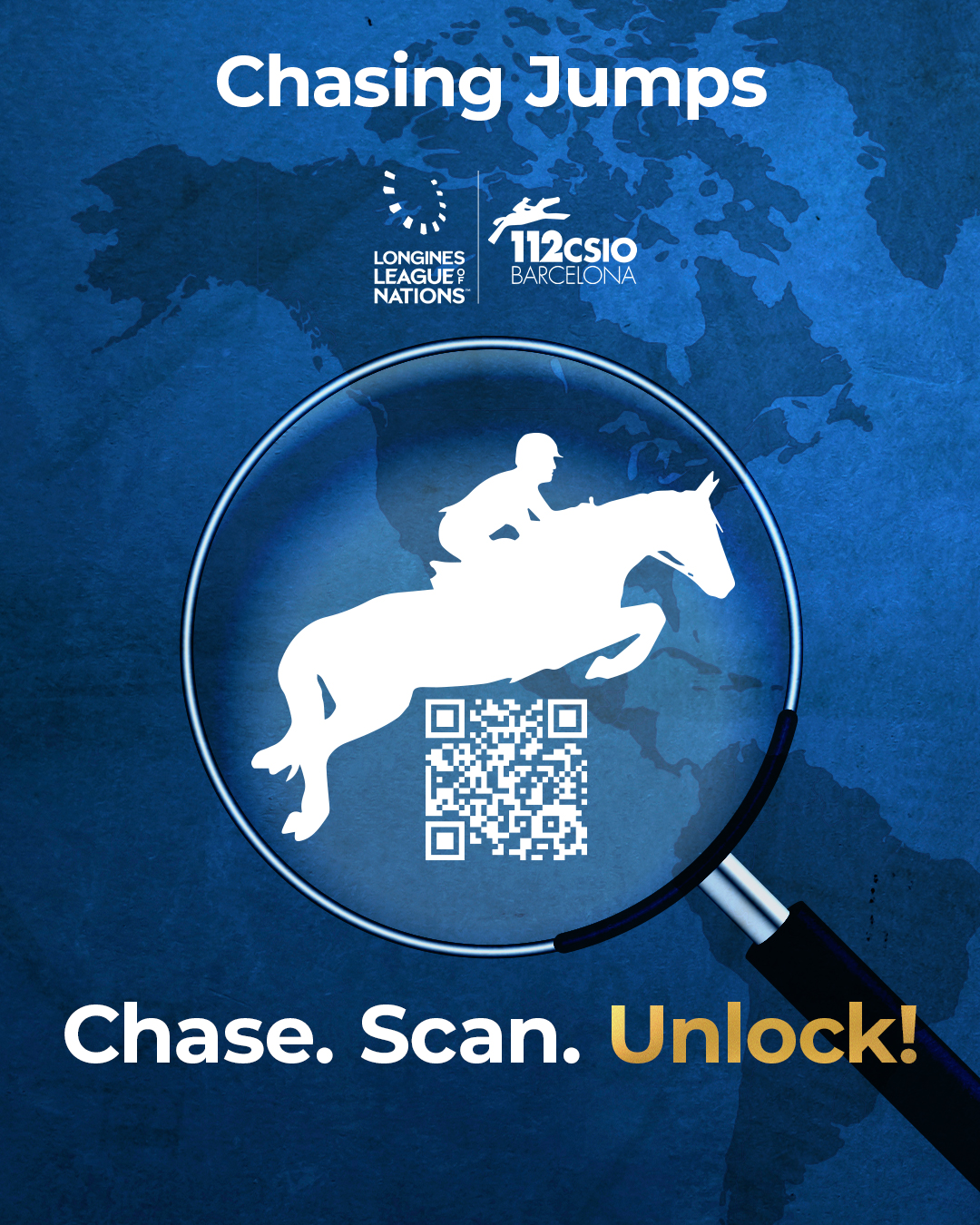 Chasing Jumps QR code. Horse and rider jumping over QR code