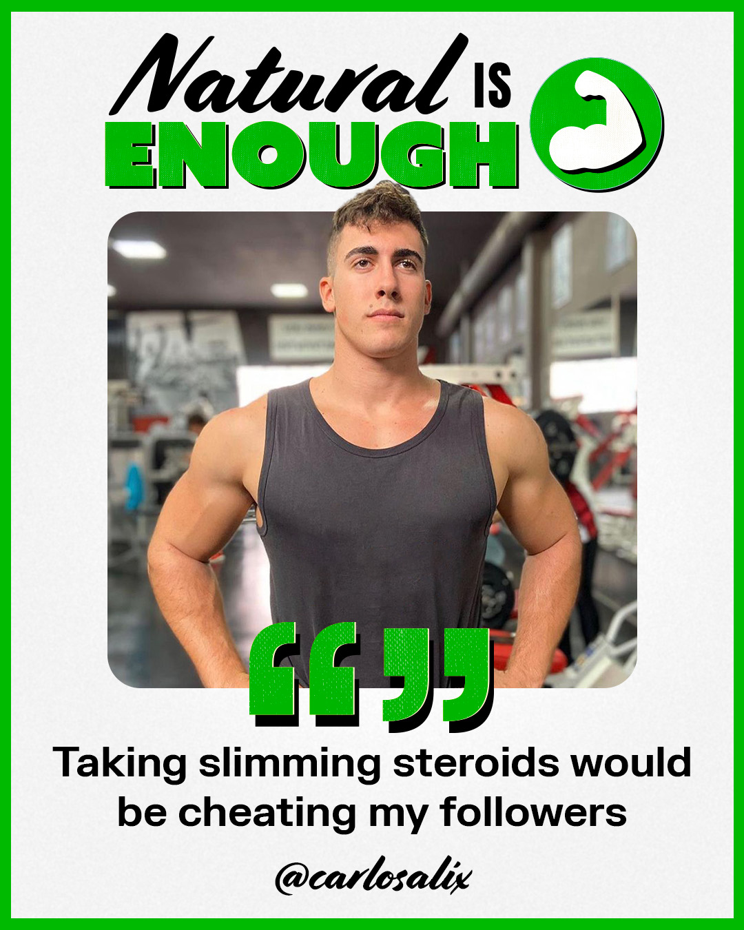 Social media graphic of man in gym with the caption natural is enough