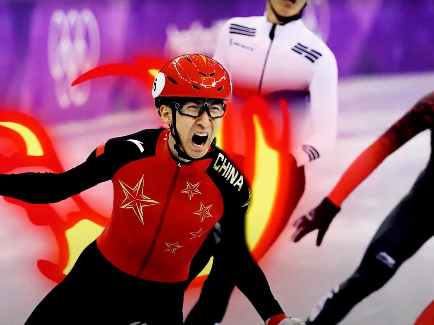Chinese speed skater celebrating victory as he crosses the line