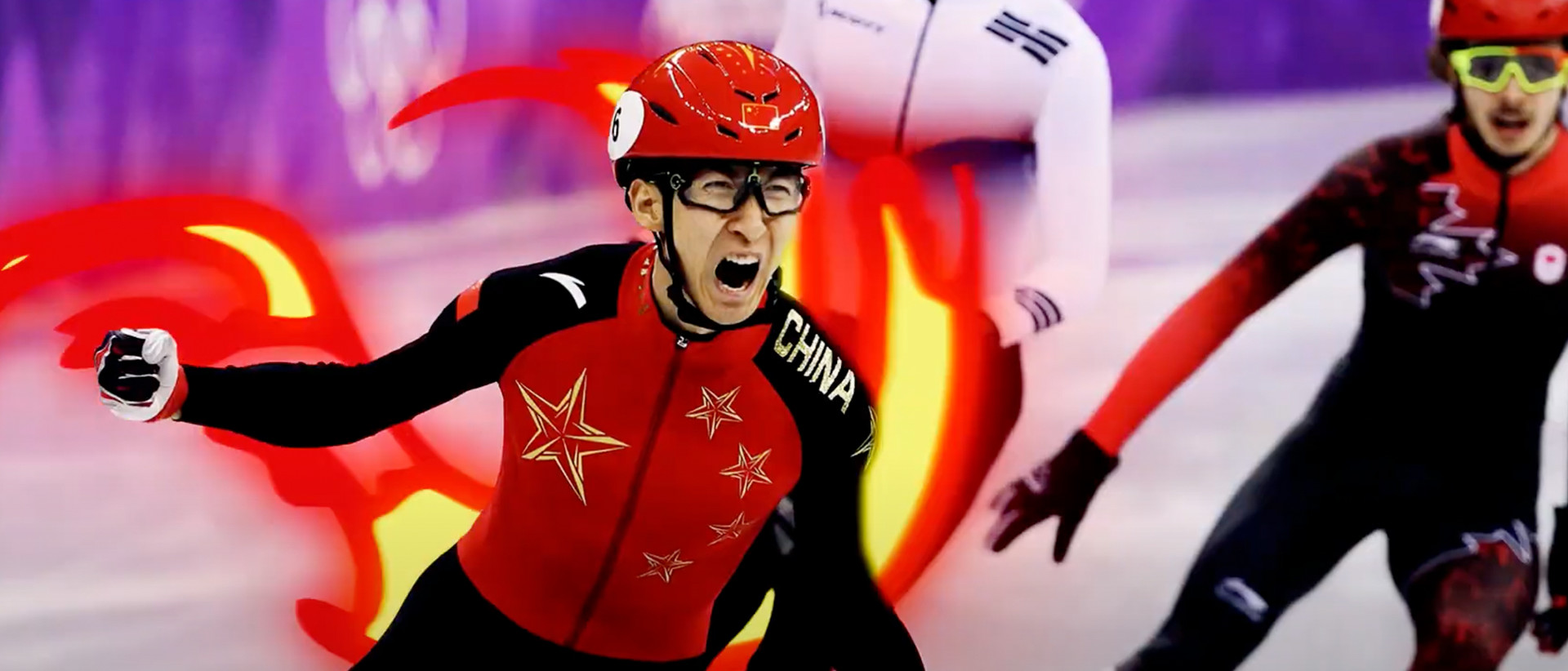 Chinese speed skater celebrating victory as he crosses the line
