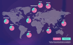 A map of the world showing the percentage split of Brand vs Product led searches - SportOnSocial Global Running Culture 2025